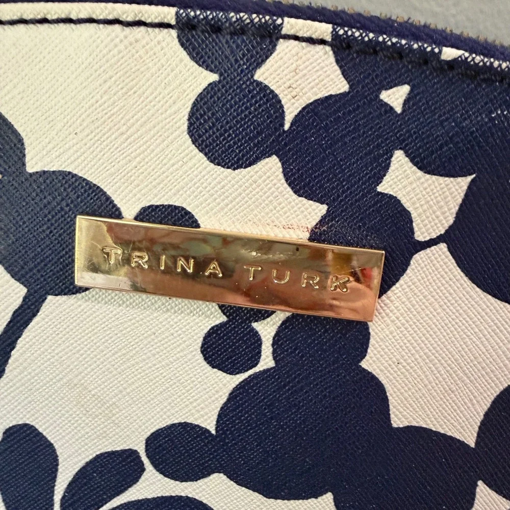 Trina Turk Cosmetic Bag Womens OS Navy White Floral Good Saffiano Dome Pouch